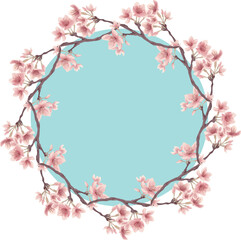 Obraz na płótnie Canvas 水色の桜の丸型ベクターフレーム02（水彩風）