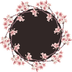 黒色の桜の丸型ベクターフレーム02（水彩風）