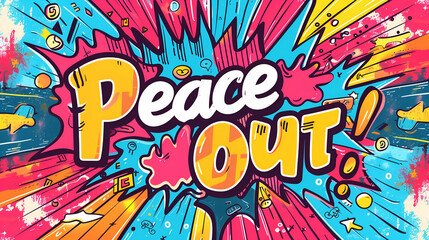 A Vibrant background with the word " Peace Out "  on Abstract Graffiti pop style Typography commercial Background