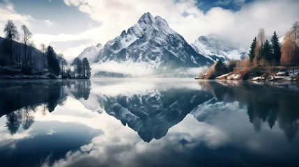 Schilderijen op glas A reflection of mountains in a tranquil lake. © Muhammad