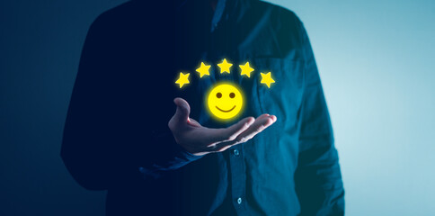 businessman recieved smile face and five stars satisfication review from customer for reputation of...