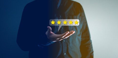 customer show five star service feedback on levitate callout in review technology website concept
