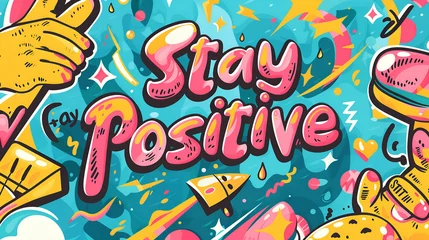 Gordijnen A Vibrant background with the word " Stay positive "  on Abstract Graffiti pop style Typography commercial Background © Zense