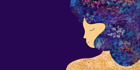 bandera web  del 8 de marzo, dia internacional de la mujer,   oscuro,  mujerr, con cabello floral brillante,
 texturas de acuarela, manchas, 8M, escrito, en blanco, vacío, con espacio, poroso