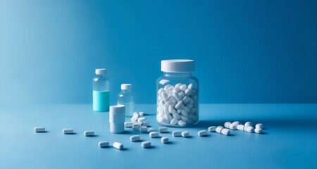  Medicine bottles and capsules on a blue surface