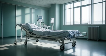  Empty hospital bed, ready for patient care