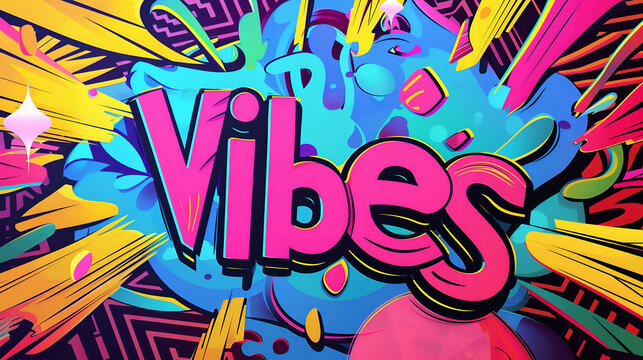 A Vibrant background with the word " Vibes "  on Abstract Graffiti pop style Typography commercial Background