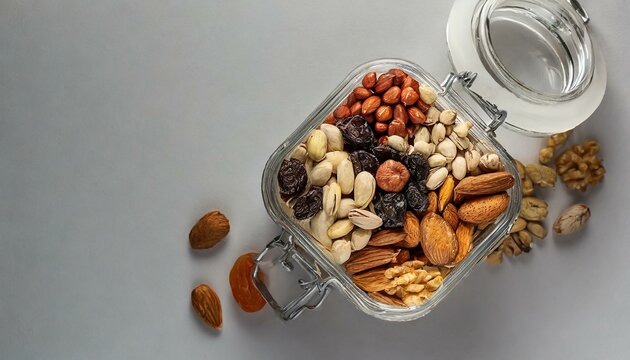nuts in glass jar, glass jar container on white background the view from the top with dried fruits and nuts space for text or design products