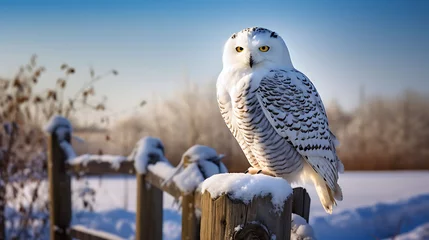 Foto auf Leinwand A snowy owl perched on a fence post. © Muhammad