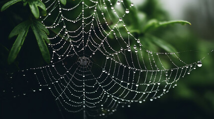 A spiderweb covered in morning dew.