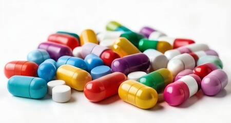  Vibrant assortment of colorful pills on a white background