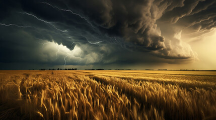 A thunderstorm brewing over a wheat field. - obrazy, fototapety, plakaty