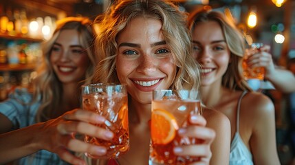 Group of friends partying in a nightclub and toasting Happy young people with cocktails at pub