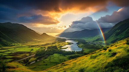 A vibrant rainbow over a green valley.