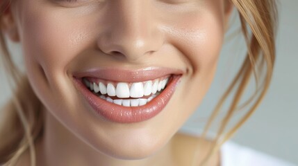 Closeup of woman's smile with white healthy teeth. AI Generated - obrazy, fototapety, plakaty