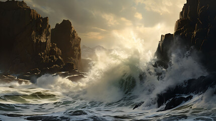 Waves crashing against rocky cliffs. - obrazy, fototapety, plakaty
