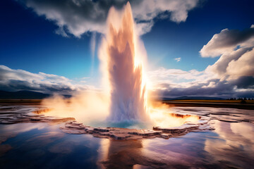 Epic display of geo-thermal power: A fierce Geyser eruption against the impartial blue sky - obrazy, fototapety, plakaty