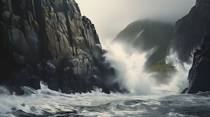 Waves crashing against rocky cliffs. - obrazy, fototapety, plakaty