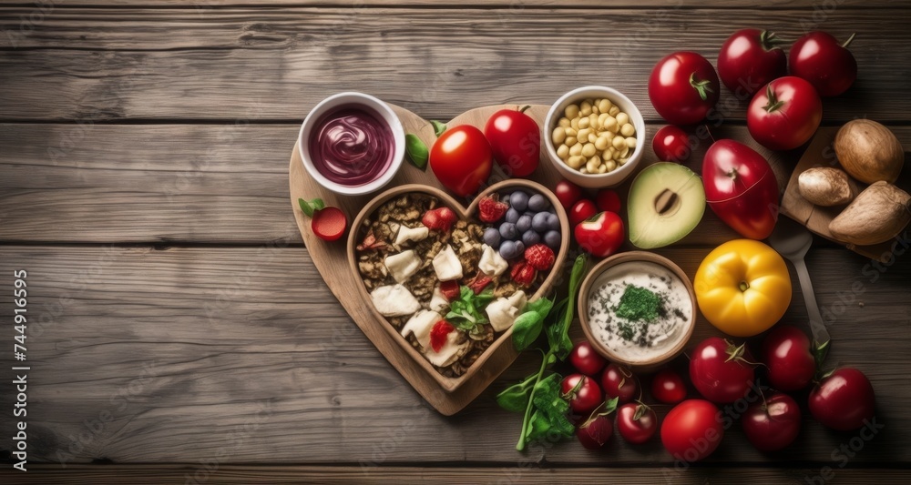 Sticker  Fresh produce and dips on a rustic wooden table