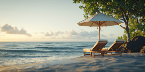 chairs and umbrella on sunset