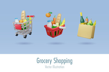 Online grocery shopping set. Shopping basket, bag and trolley cart full of grocery products. Elements for advertising and business marketing. 3D Vector.