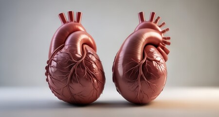  A pair of human hearts, one slightly larger than the other, with visible aortas and ventricles - obrazy, fototapety, plakaty