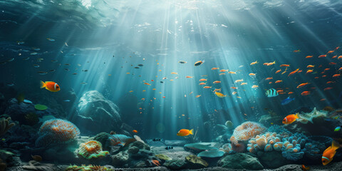 Fototapeta na wymiar Underwater scene with sun rays and sun coral reef and fishes