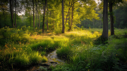 Fototapeta na wymiar Cenário sereno clareira na floresta luz dourada riacho calmo verde vibrante flores selvagens tranquilidade sonora