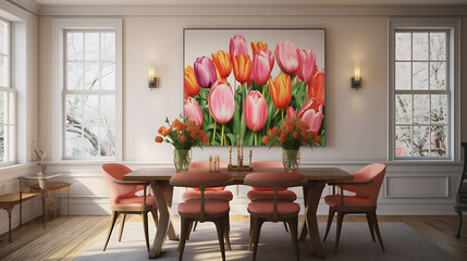 An eclectic dining room with a mix of vintage and modern artwork on the gallery wall and a bouquet of tulips on the table.
