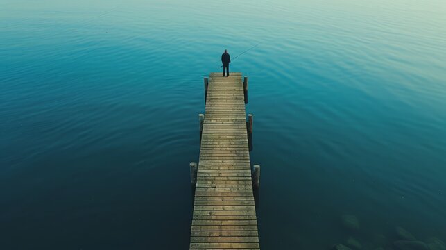 Aerial photography of a lone fisherman waiting patiently at the end of the wooden pier