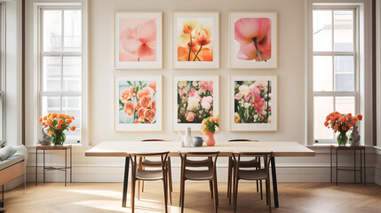 An eclectic dining room with a mix of vintage and modern artwork on the gallery wall and a bouquet of tulips on the table.