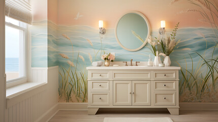 A beach-themed bathroom with a seascape mural on the sandy beige wall and a bouquet of beach grass on the vanity.