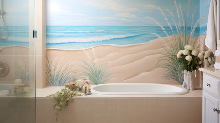 A beach-themed bathroom with a seascape mural on the sandy beige wall and a bouquet of beach grass on the vanity. - obrazy, fototapety, plakaty