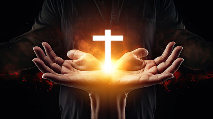 Christian man with open hands worship christian. Eucharist Therapy Bless God Helping Repent Catholic Easter Lent Mind Pray. Generative Ai illustration.