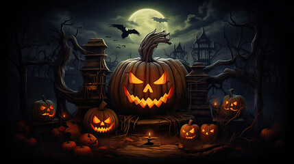 Pumpkins In Graveyard In The Spooky Night - Halloween Backdrop. Generative ai illustration.