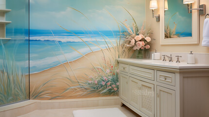 A beach-themed bathroom with a seascape mural on the sandy beige wall and a bouquet of beach grass on the vanity.