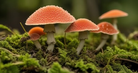 Fototapeta premium Nature's vibrant palette - A close-up of wild mushrooms in their natural habitat