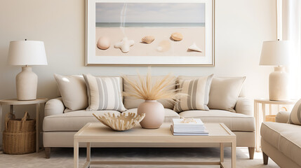 A beach-themed living room with seashell art on the sandy beige wall and a bouquet of beach grass on the coffee table.