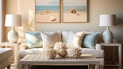 A beach-themed living room with seashell art on the sandy beige wall and a bouquet of beach grass on the coffee table. - obrazy, fototapety, plakaty