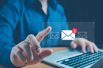 Email marketing, Businessman sending email by laptop computer to customer, Inbox receiving electronic message alert, email icon, email marketing concept, send e-mail or newsletter, Email concept.