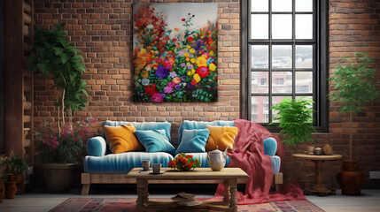 A bohemian living room with a tapestry on the brick wall and a bouquet of wildflowers in a colorful...