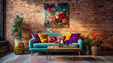 A bohemian living room with a tapestry on the brick wall and a bouquet of wildflowers in a colorful...
