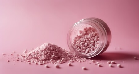 Fototapeta na wymiar Powdered sugar spilled from jar on pink background