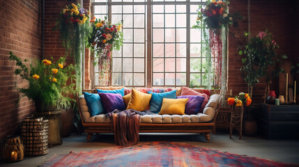 A bohemian living room with a tapestry on the brick wall and a bouquet of wildflowers in a colorful vase.