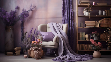 A bohemian reading nook with tapestry wall art and a bouquet of dried lavender in a Boho-chic vase. - obrazy, fototapety, plakaty