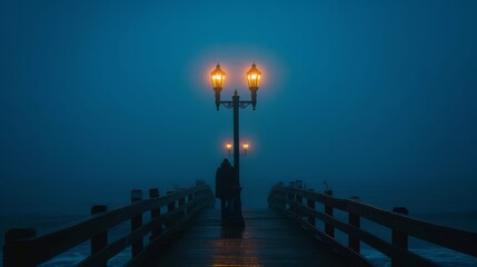 Solitary Figure on The Wooden Pier Glimpsed in Mist, Beneath an Amber Glow of a Lamp Post