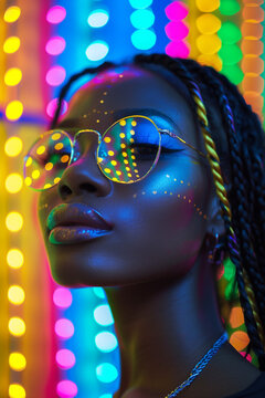 A woman with sunglasses and a colorful carnival background.