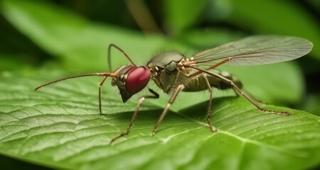 Naklejka premium Majestic dragonfly poised on a leafy stage