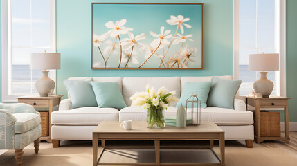 A coastal living room with a seascape painting on the turquoise wall and a bouquet of beach daisies on the coffee table.