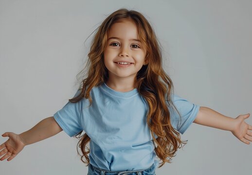 A cute girl in a blank blue t shirt with a clean backdrop a concept of mockup for t shirt, Generative AI.